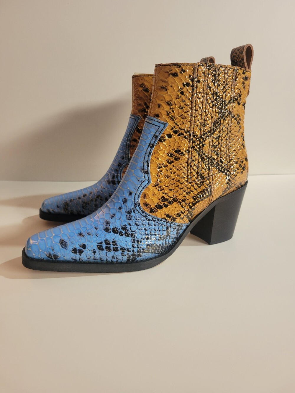 GANNI Colorblock Snake-Effect Leather Western Ankle Boots Size 40